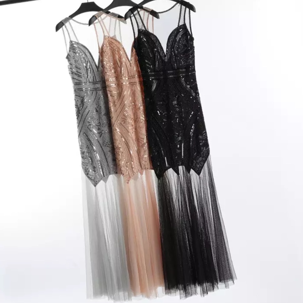 Beaded Sequin and Tulle Rose Gold Prom Dress - Picture 5 of 7